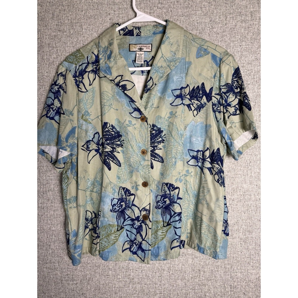 Y2K Caribbean Joe Aloha Hawaiian Shirt Blue Green Floral Button Up Silk MED/LG
